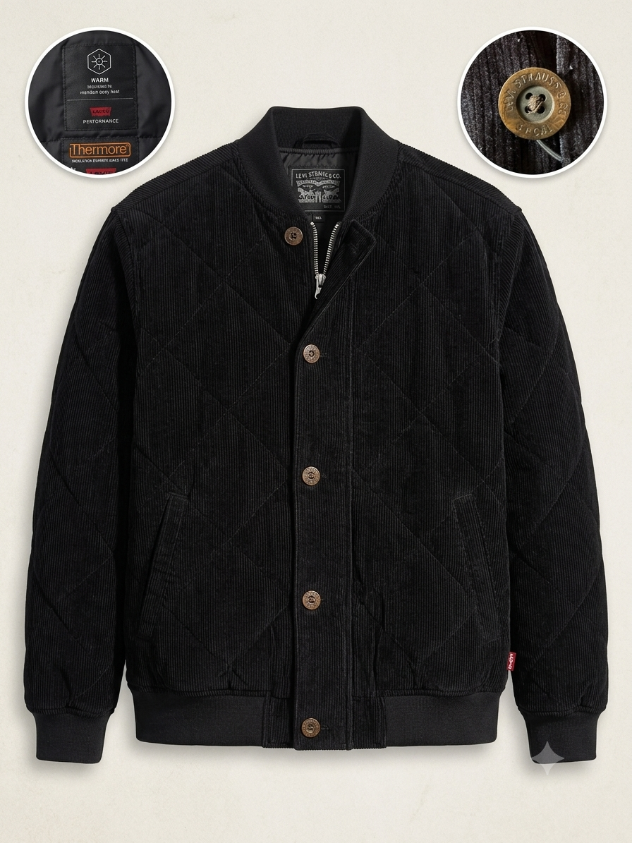 Levi's Quilted Deck Bomberjacke in Mineral Black XXL - Gesteppte Cord-Bomberjacke