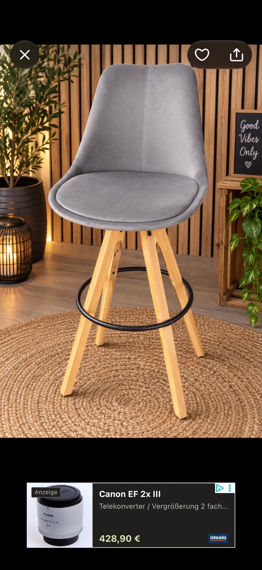 Barhocker Grau mit Holzbeinen 2Stück